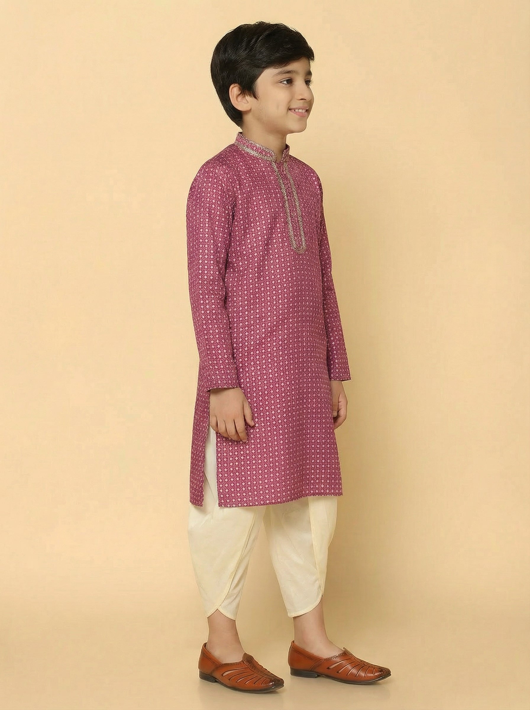 Hot Pink Cotton Blend Printed Kurta Dhoti Set