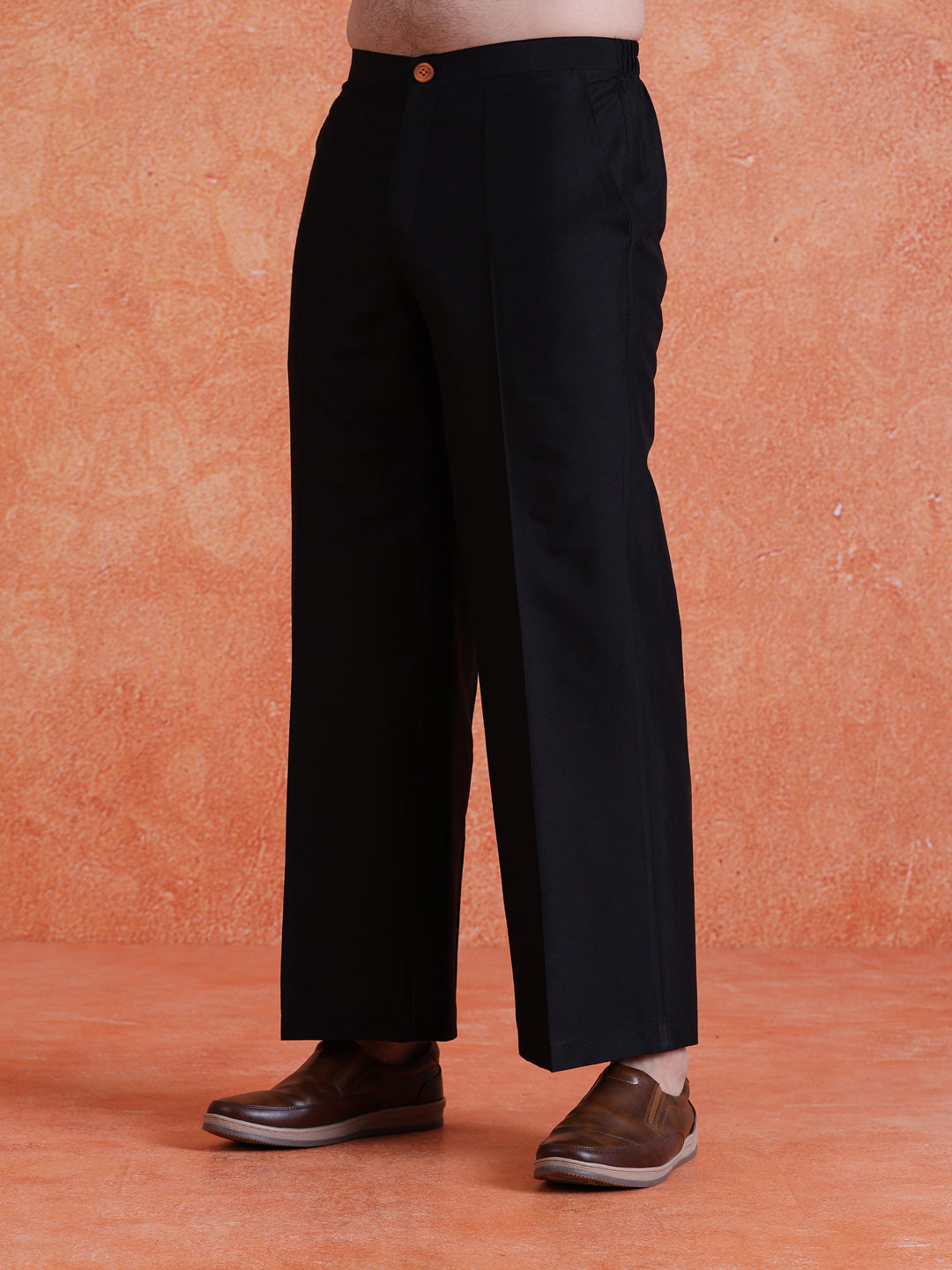 Black Silk Blend Solid Wide Leg Trouser