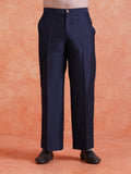 Navy Blue Silk Blend Solid Wide Leg Trouser