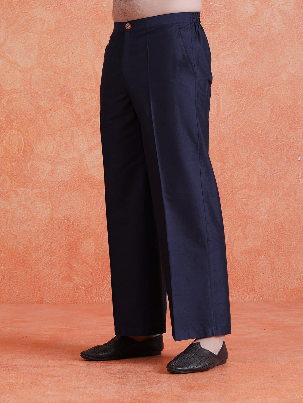 Navy Blue Silk Blend Solid Wide Leg Trouser
