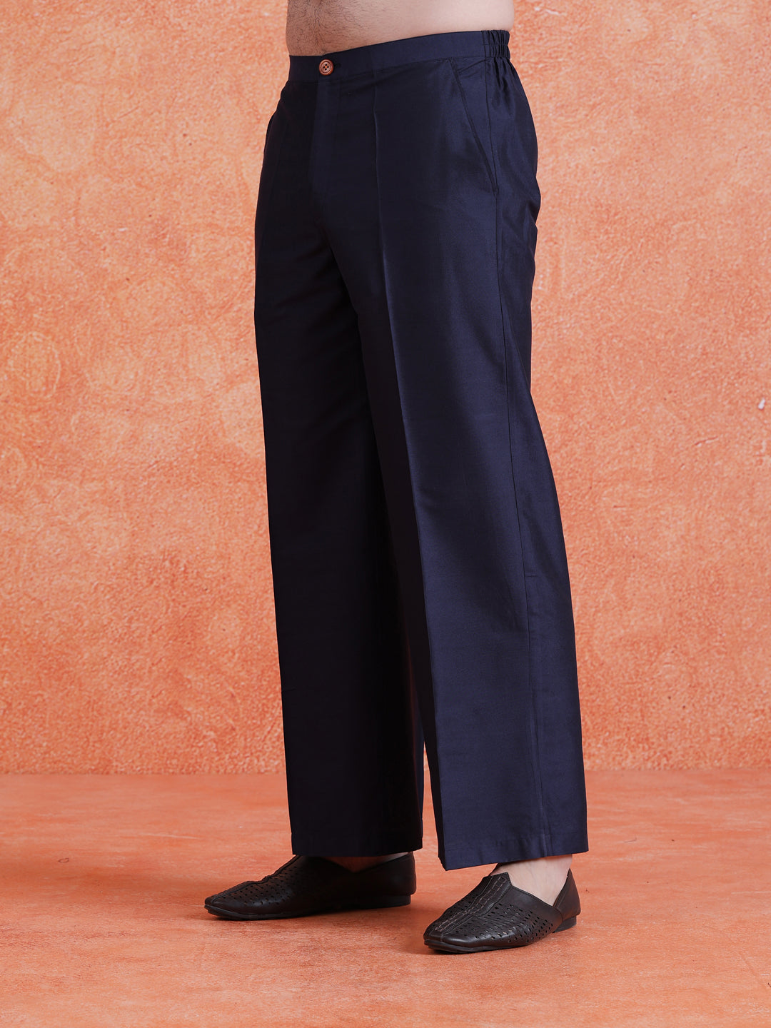 Navy Blue Silk Blend Solid Wide Leg Trouser