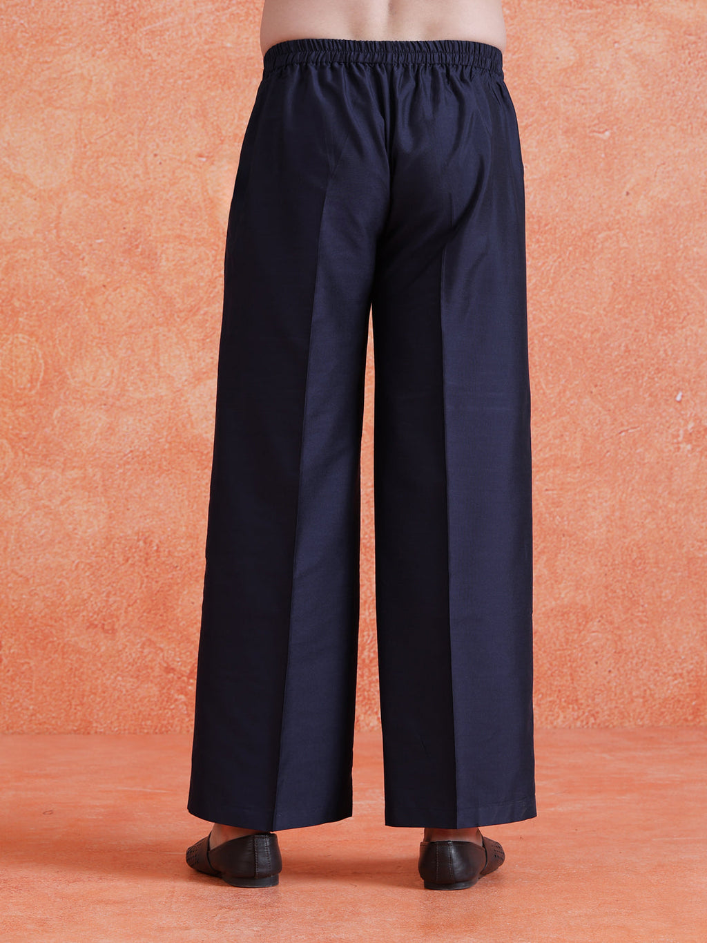 Navy Blue Silk Blend Solid Wide Leg Trouser