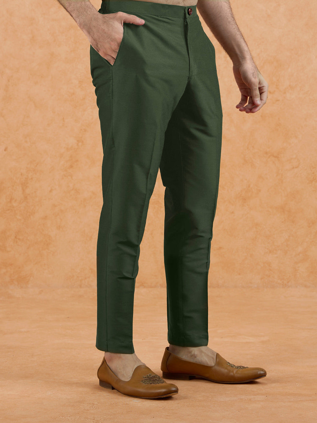 Olive Poly Silk Solid Trousers