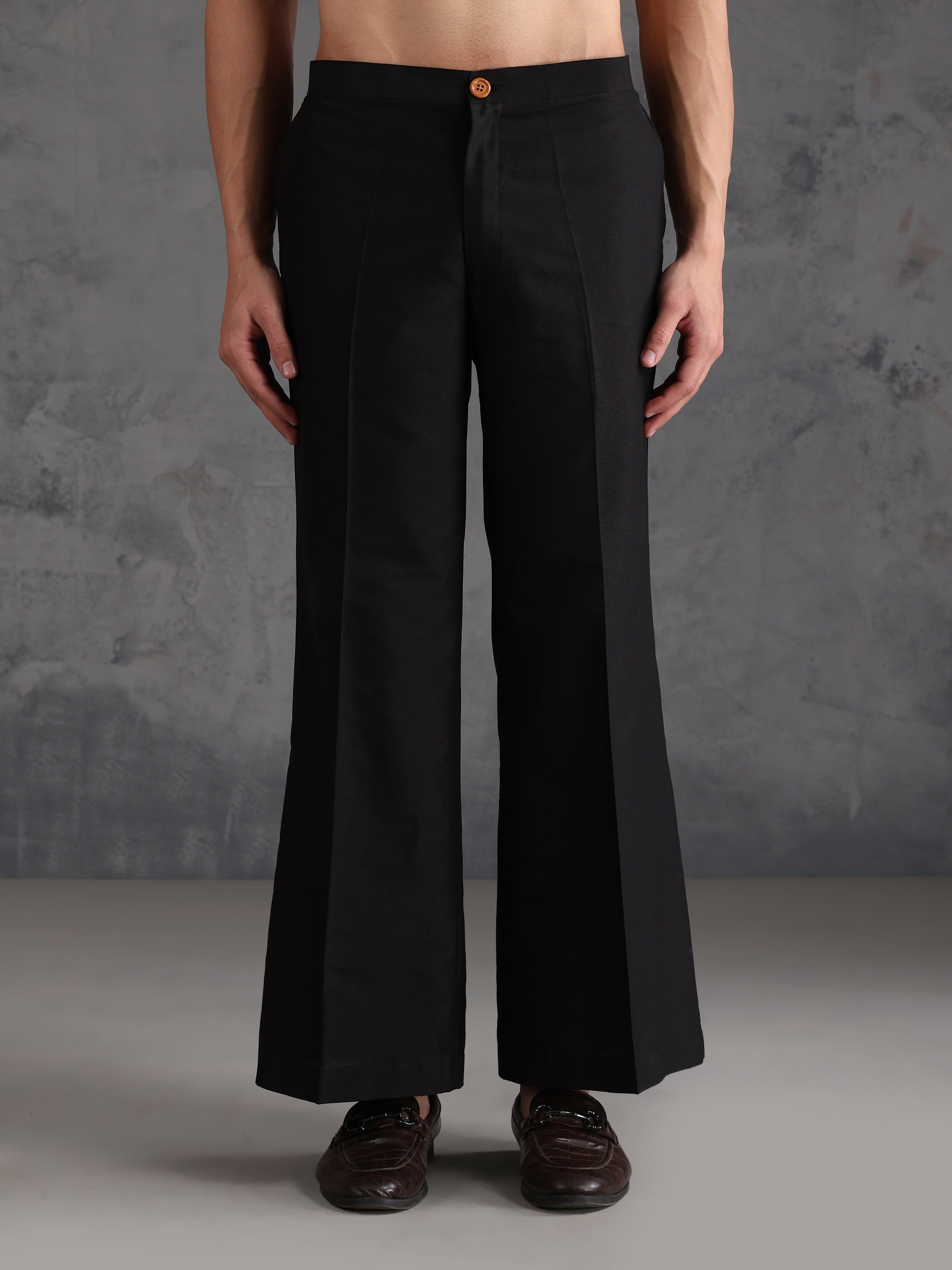 Black Silk Blend Solid Wide Leg Trouser