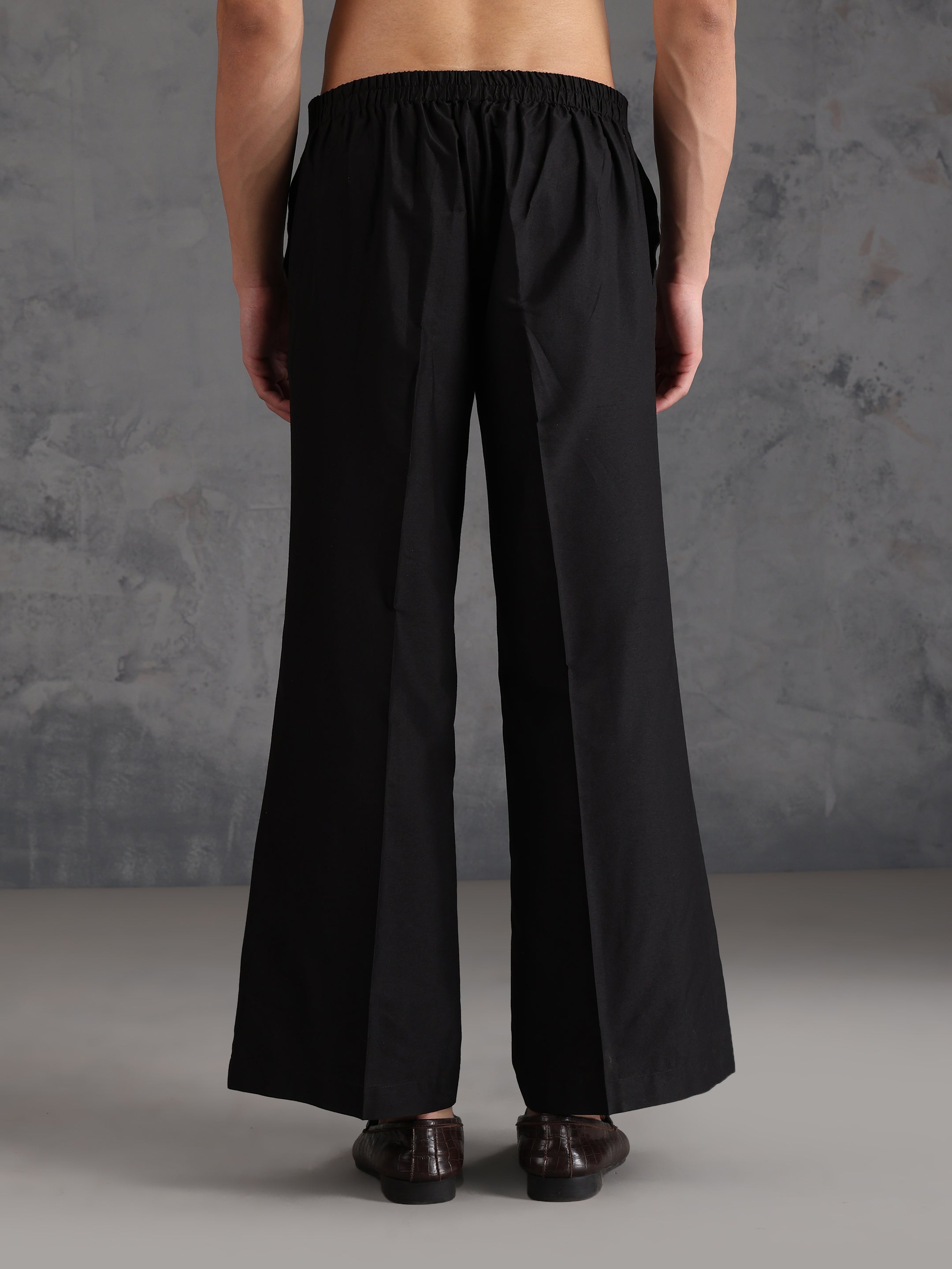 Black Silk Blend Solid Wide Leg Trouser