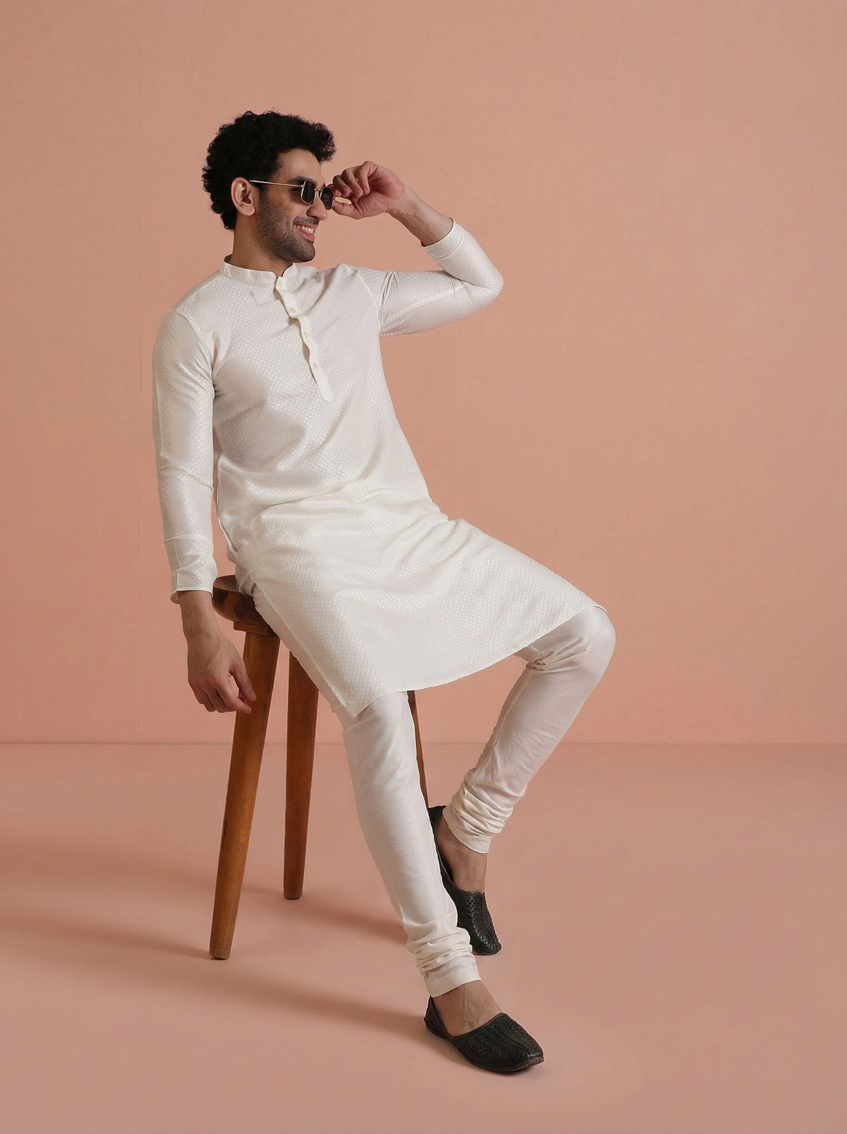 Off-White Cotton Blend Solid Kurta Churidar Set