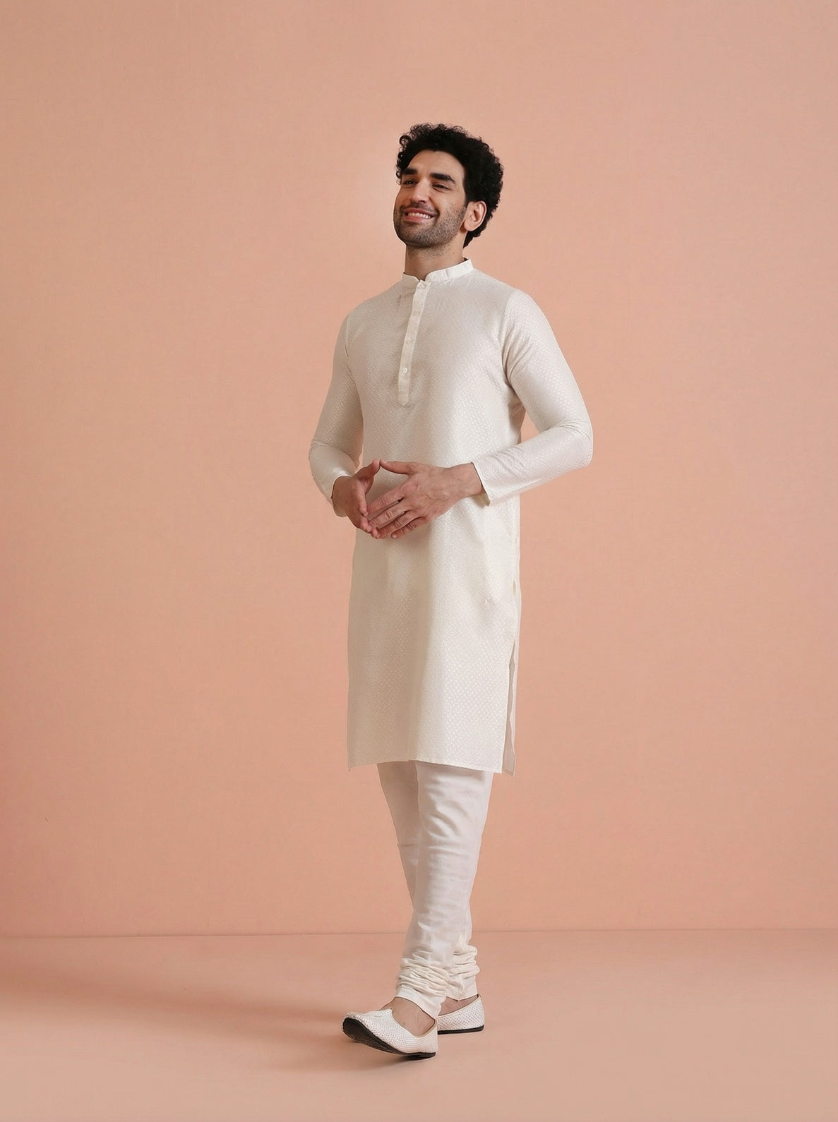 Off-White Cotton Blend Solid Kurta Churidar Set