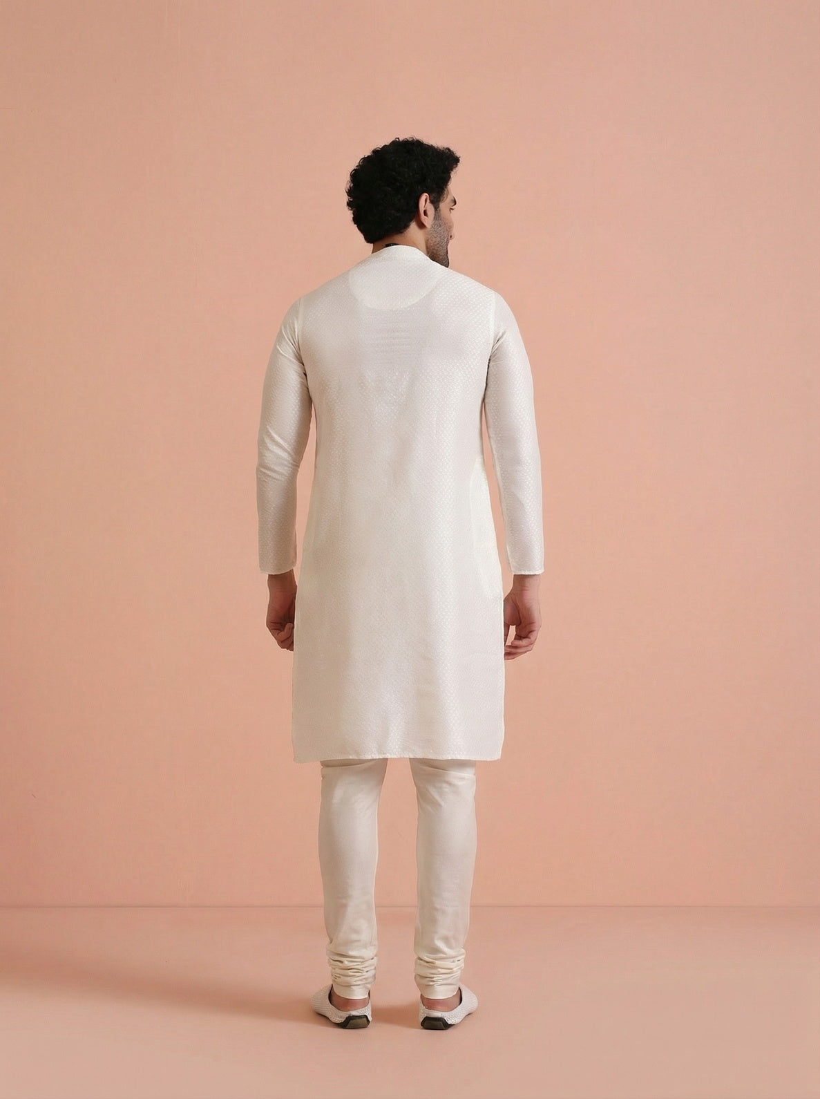 Off-White Cotton Blend Solid Kurta Churidar Set