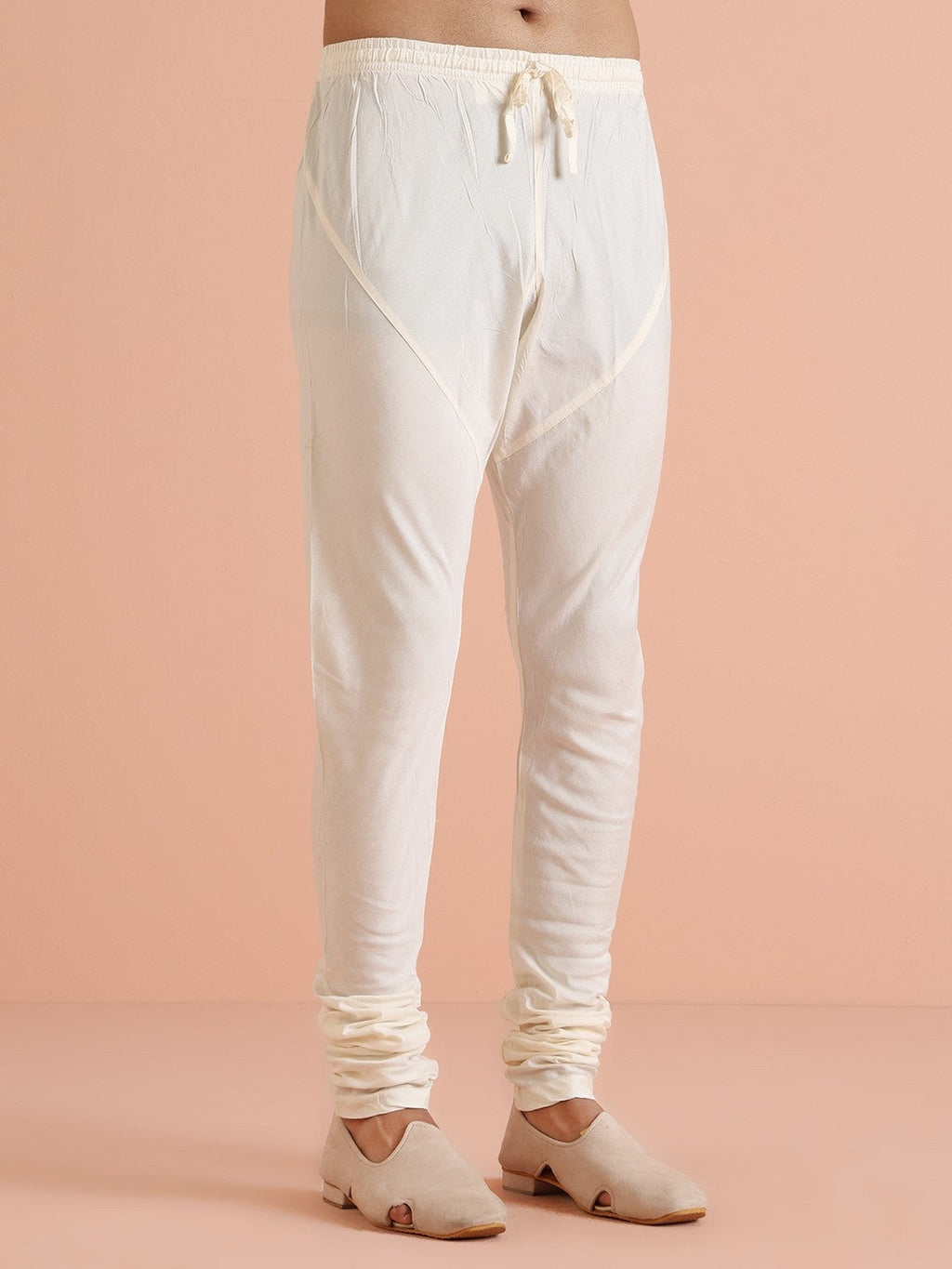 Off-White Cotton Blend Solid Kurta Churidar Set