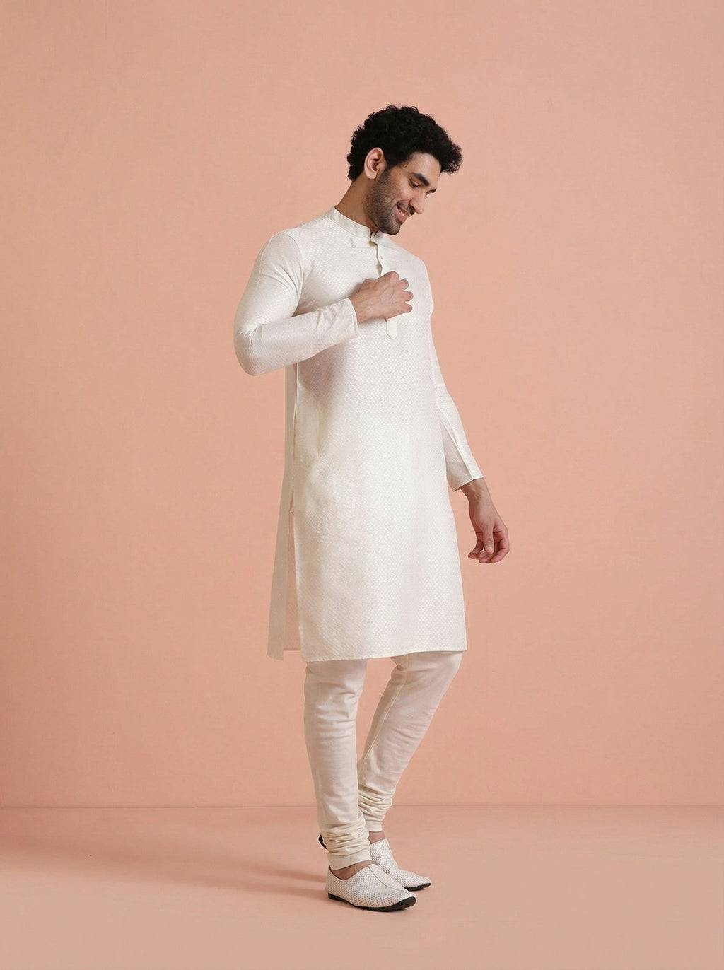 Off-White Cotton Blend Solid Kurta Churidar Set