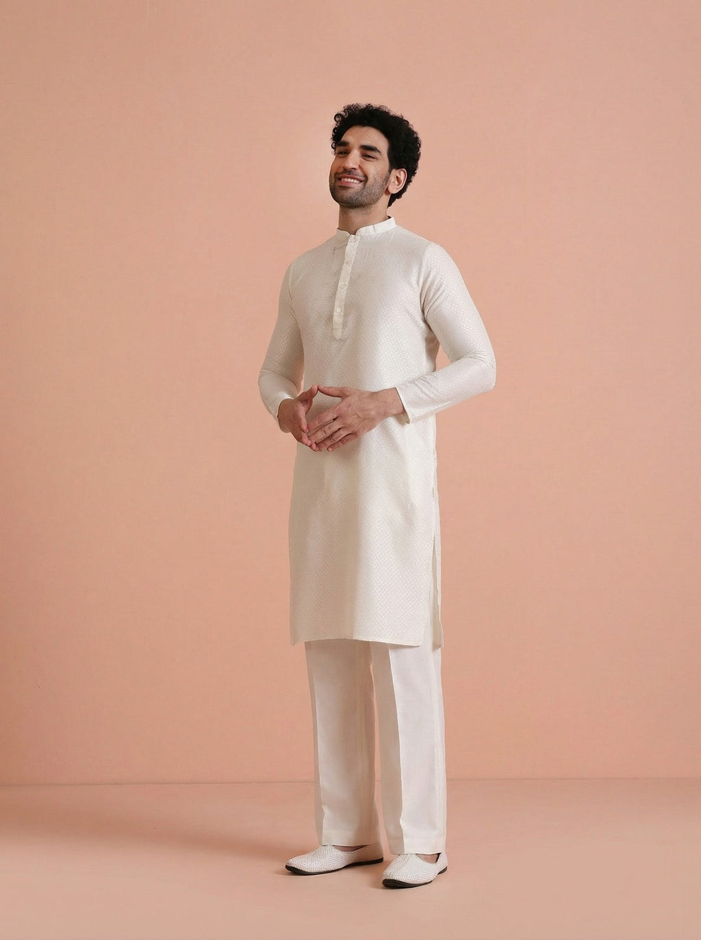 Off-White Cotton Blend Solid Kurta Wide Leg Trouser Set