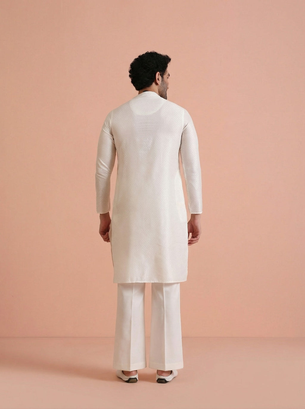 Off-White Cotton Blend Solid Kurta Wide Leg Trouser Set