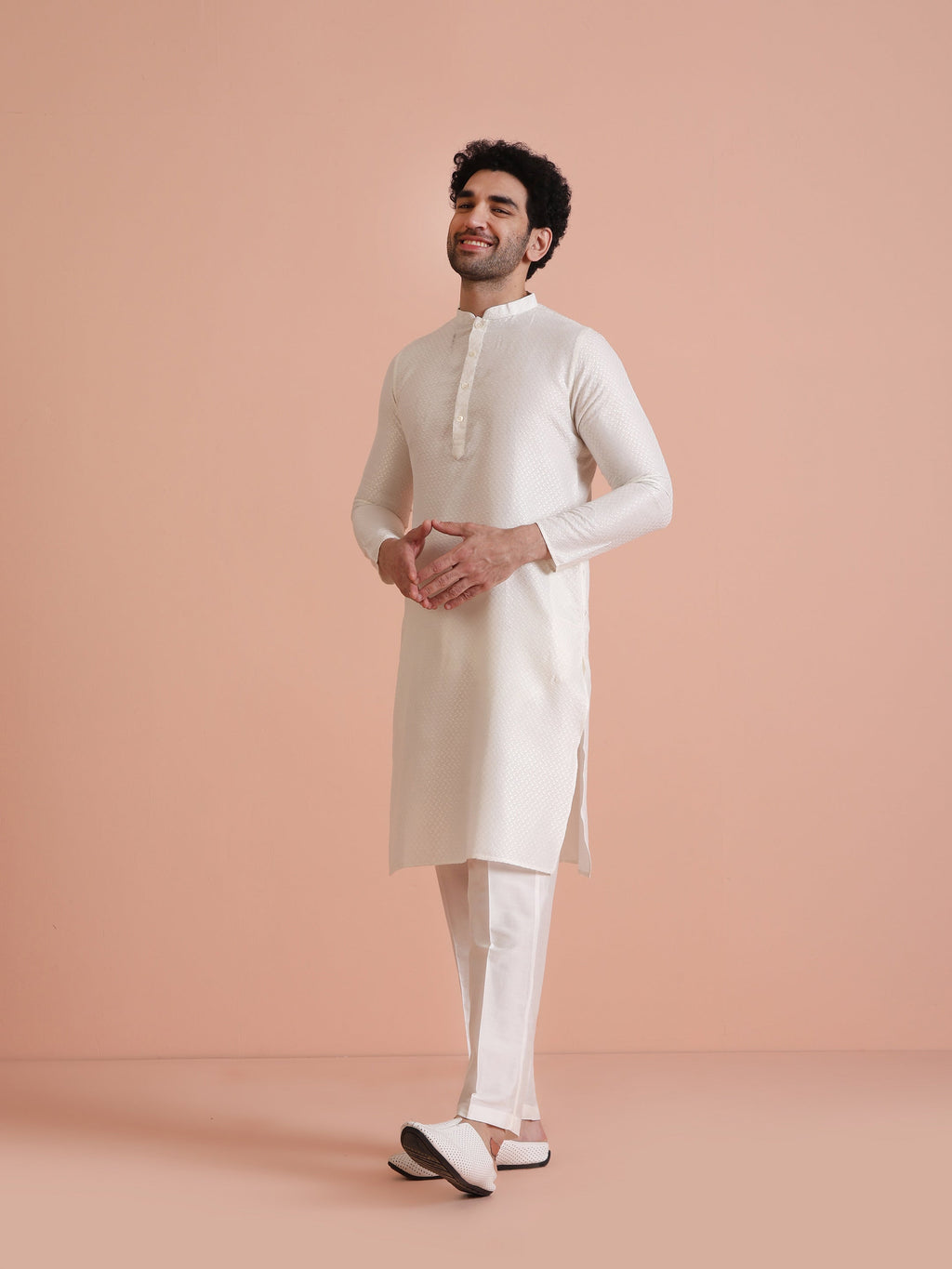White Art Silk Woven Design Kurta Trouser Set