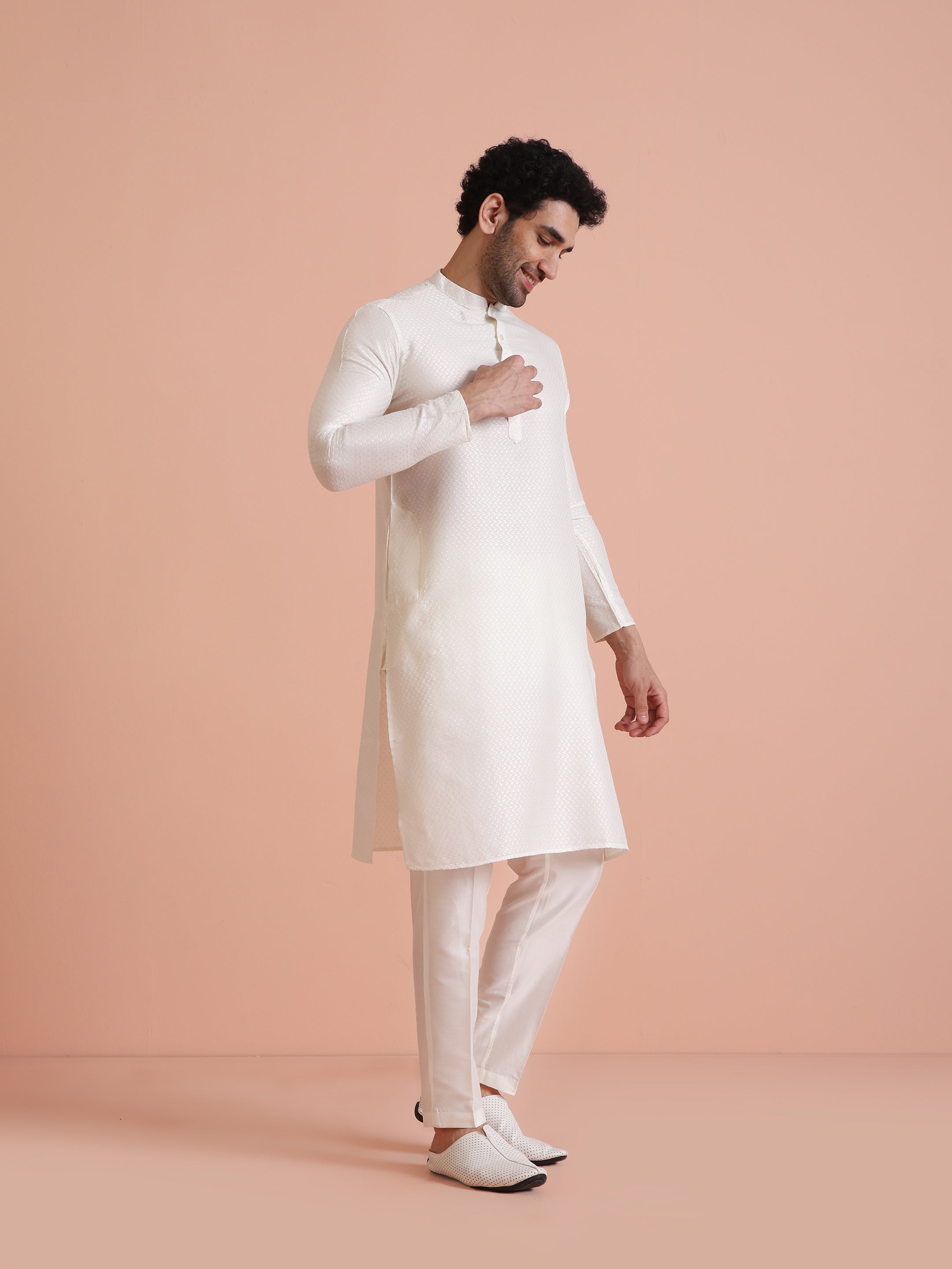 White Art Silk Woven Design Kurta Trouser Set