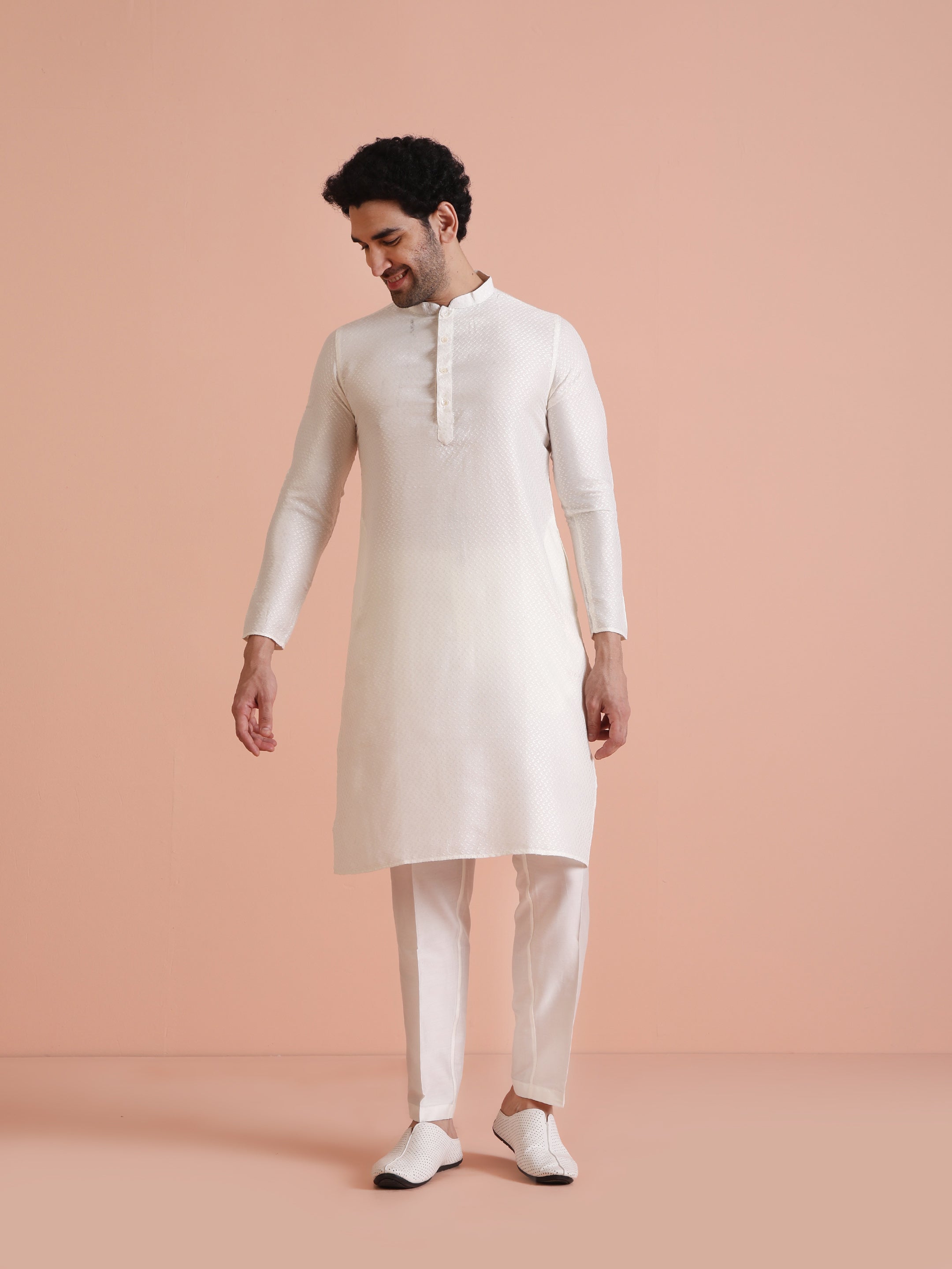 White Art Silk Woven Design Kurta Trouser Set
