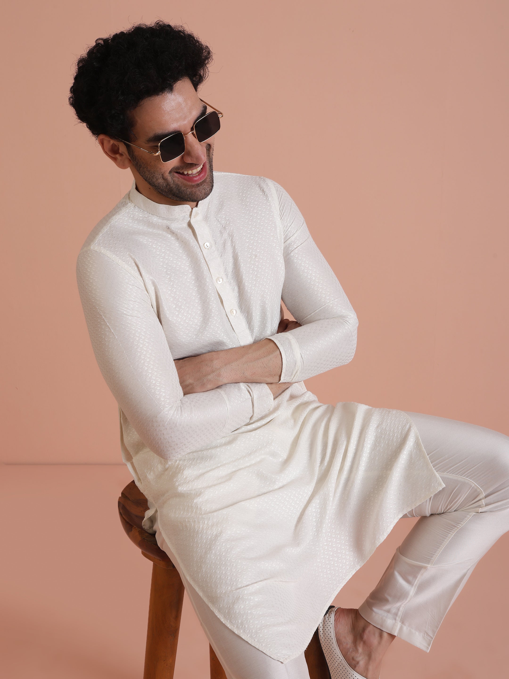 White Art Silk Woven Design Kurta Trouser Set