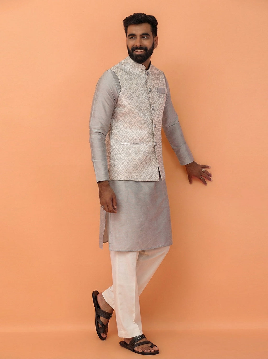 Grey Silk Blend Textured Kurta Jacket Wide Leg Trouser Set