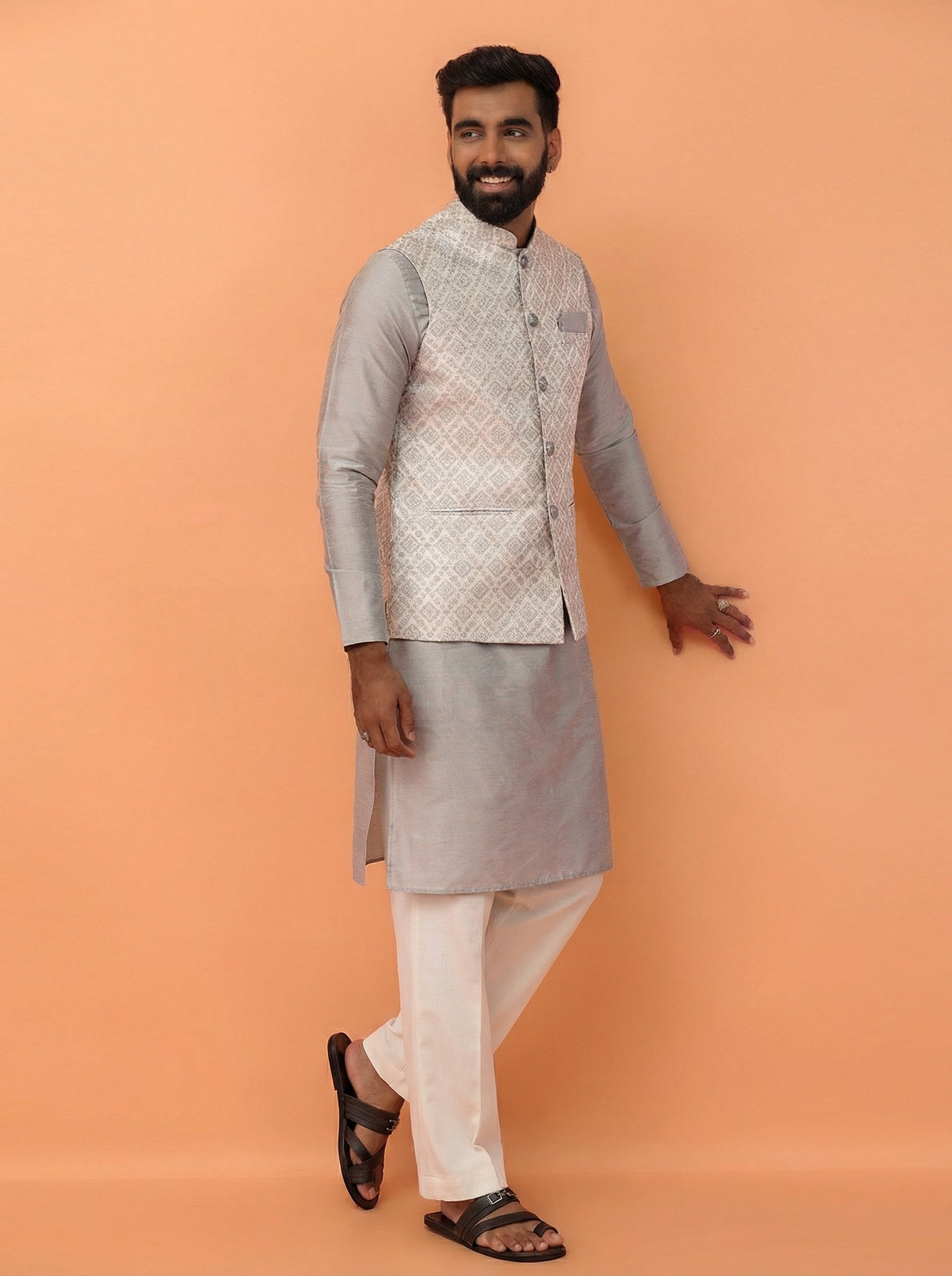 Grey Silk Blend Textured Kurta Jacket Wide Leg Trouser Set