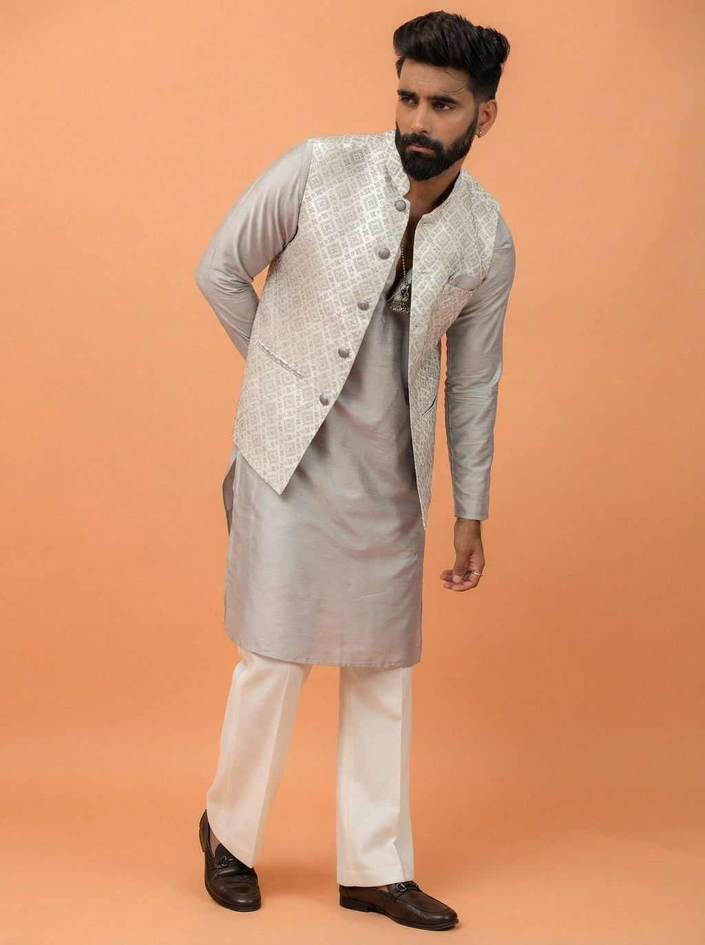 Grey Silk Blend Textured Kurta Jacket Wide Leg Trouser Set