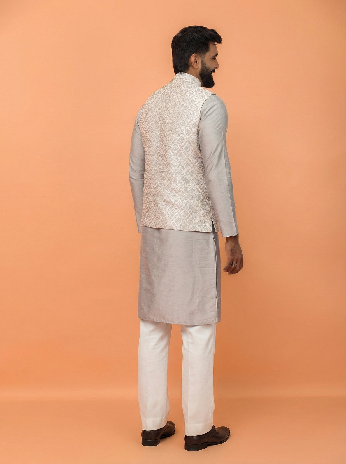 Grey Silk Blend Textured Kurta Jacket Wide Leg Trouser Set