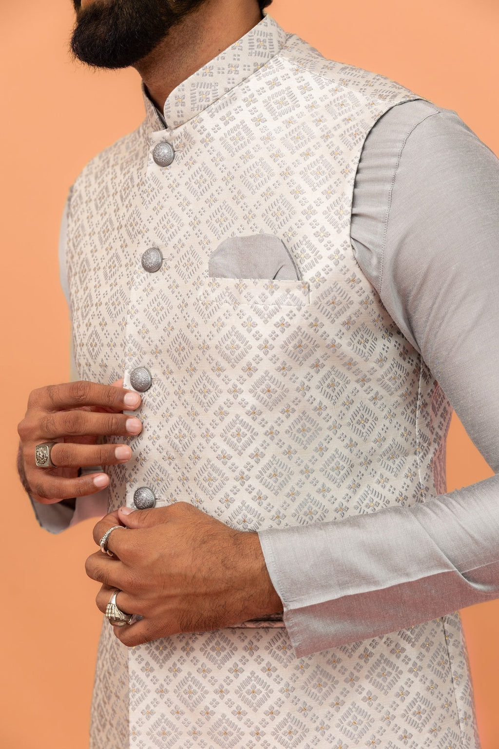 Grey Silk Blend Textured Kurta Jacket Wide Leg Trouser Set