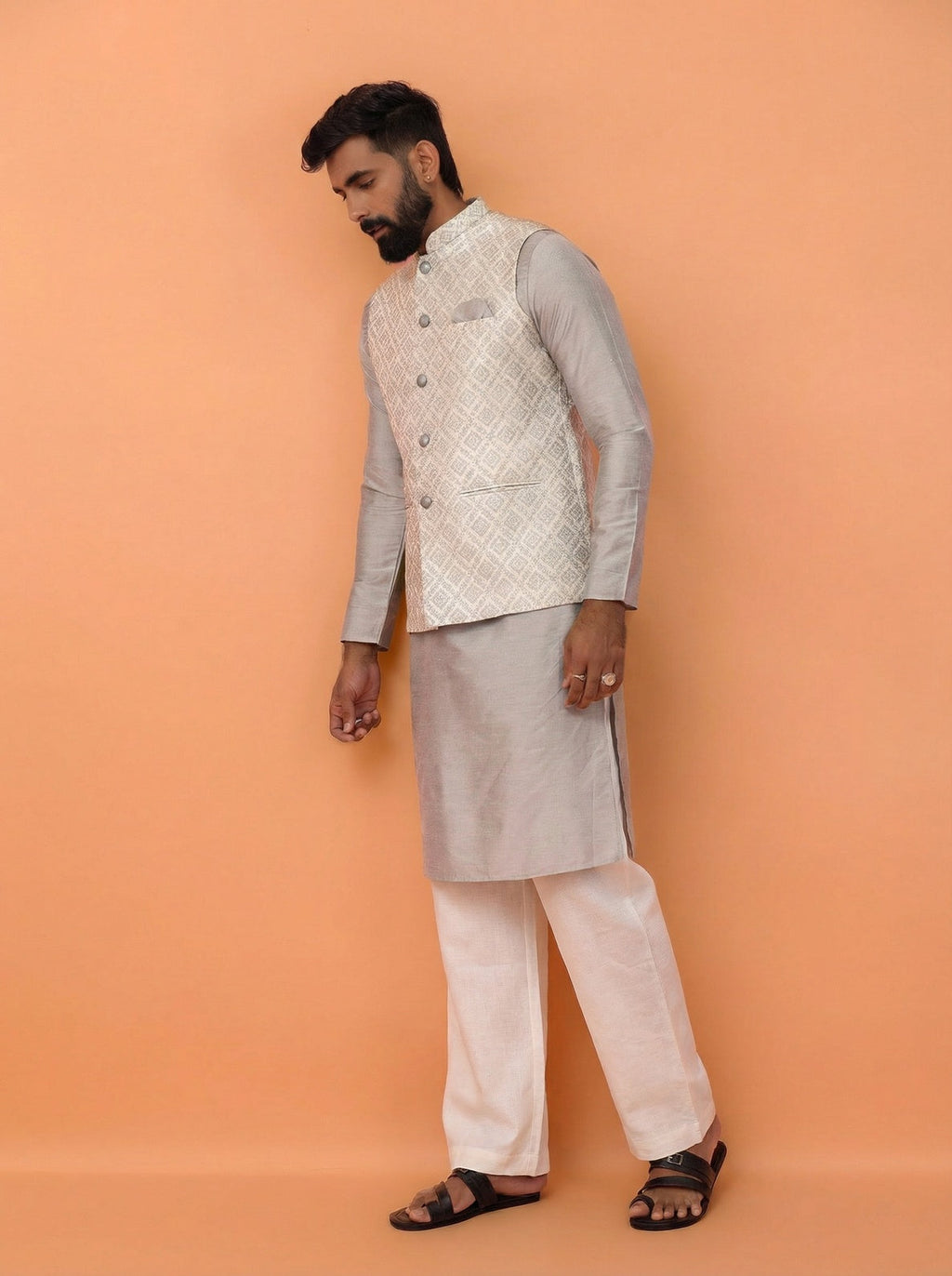 Grey Silk Blend Textured Kurta Jacket Wide Leg Trouser Set