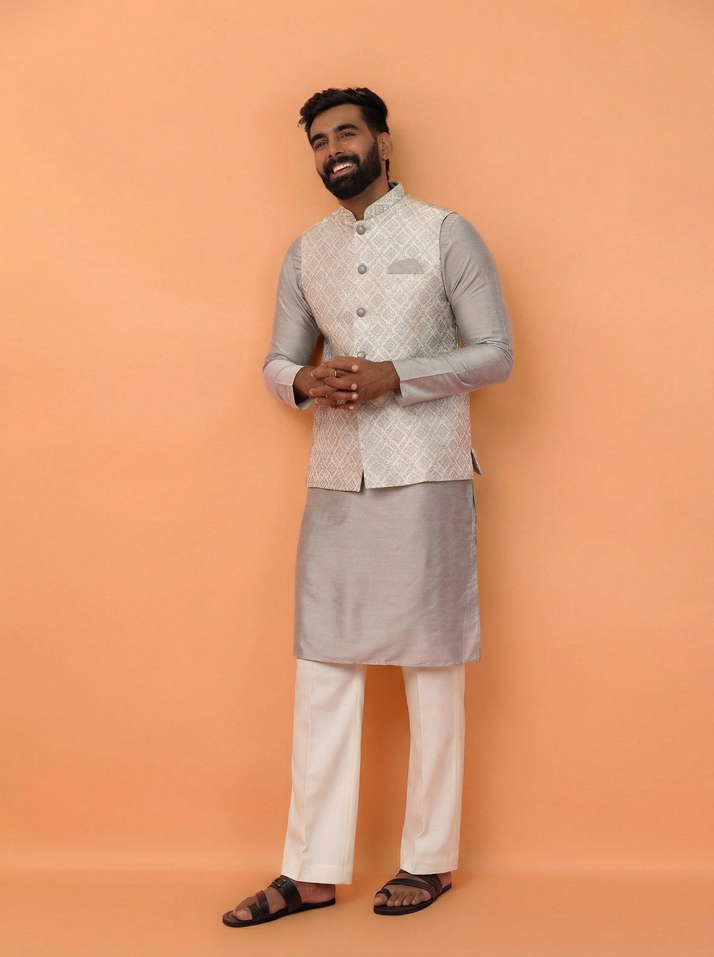 Grey Silk Blend Textured Kurta Jacket Wide Leg Trouser Set