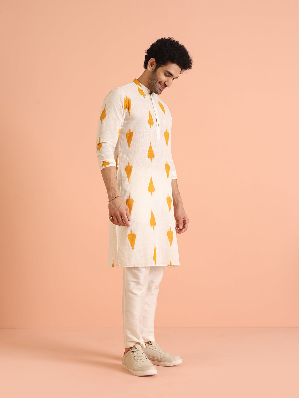 White Cotton Blend Printed Kurta Trouser Set