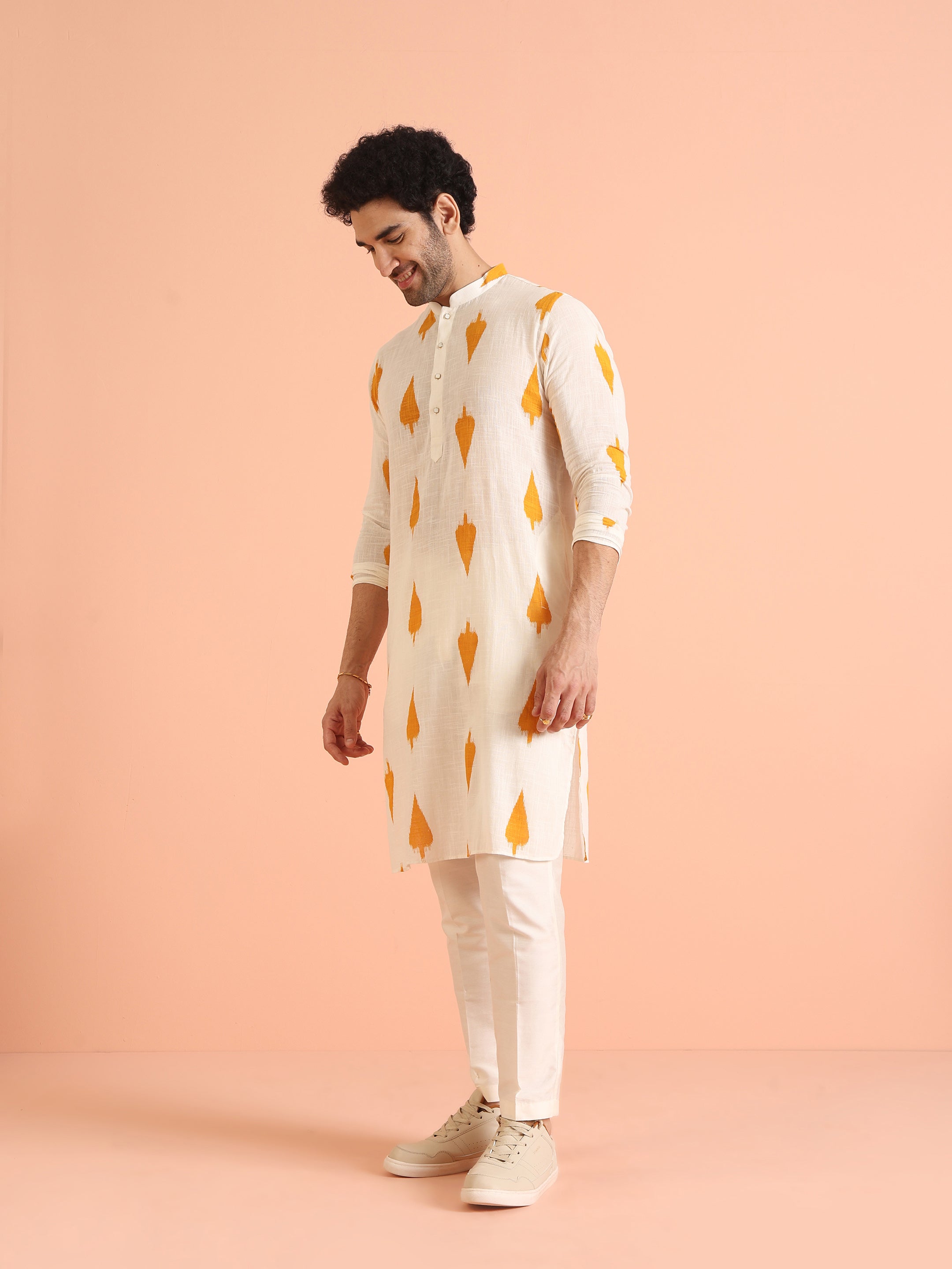 White Cotton Blend Printed Kurta Trouser Set