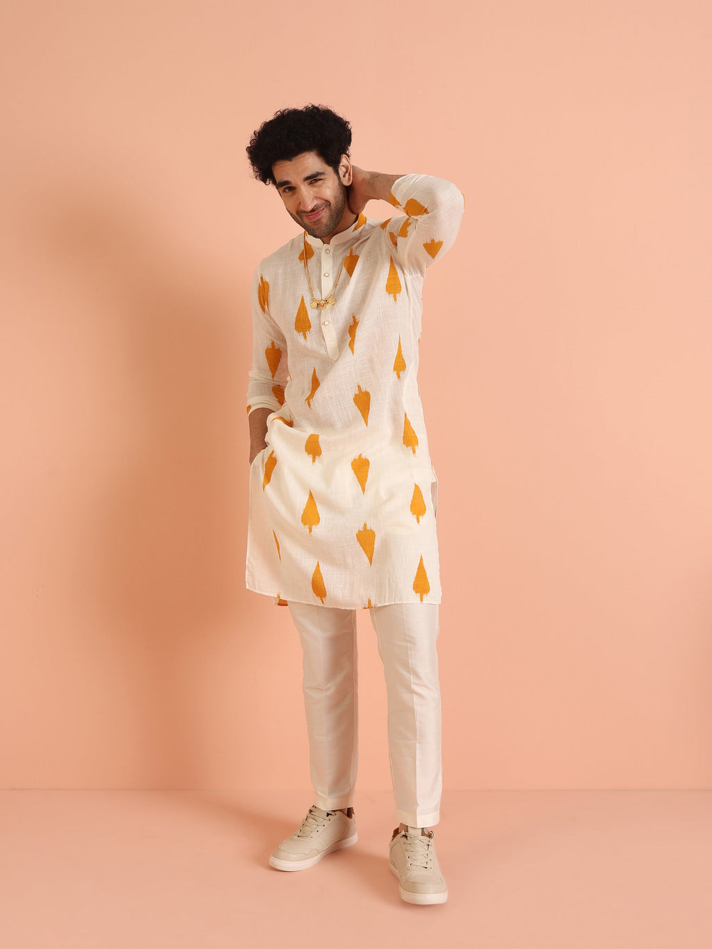 White Cotton Blend Printed Kurta Trouser Set