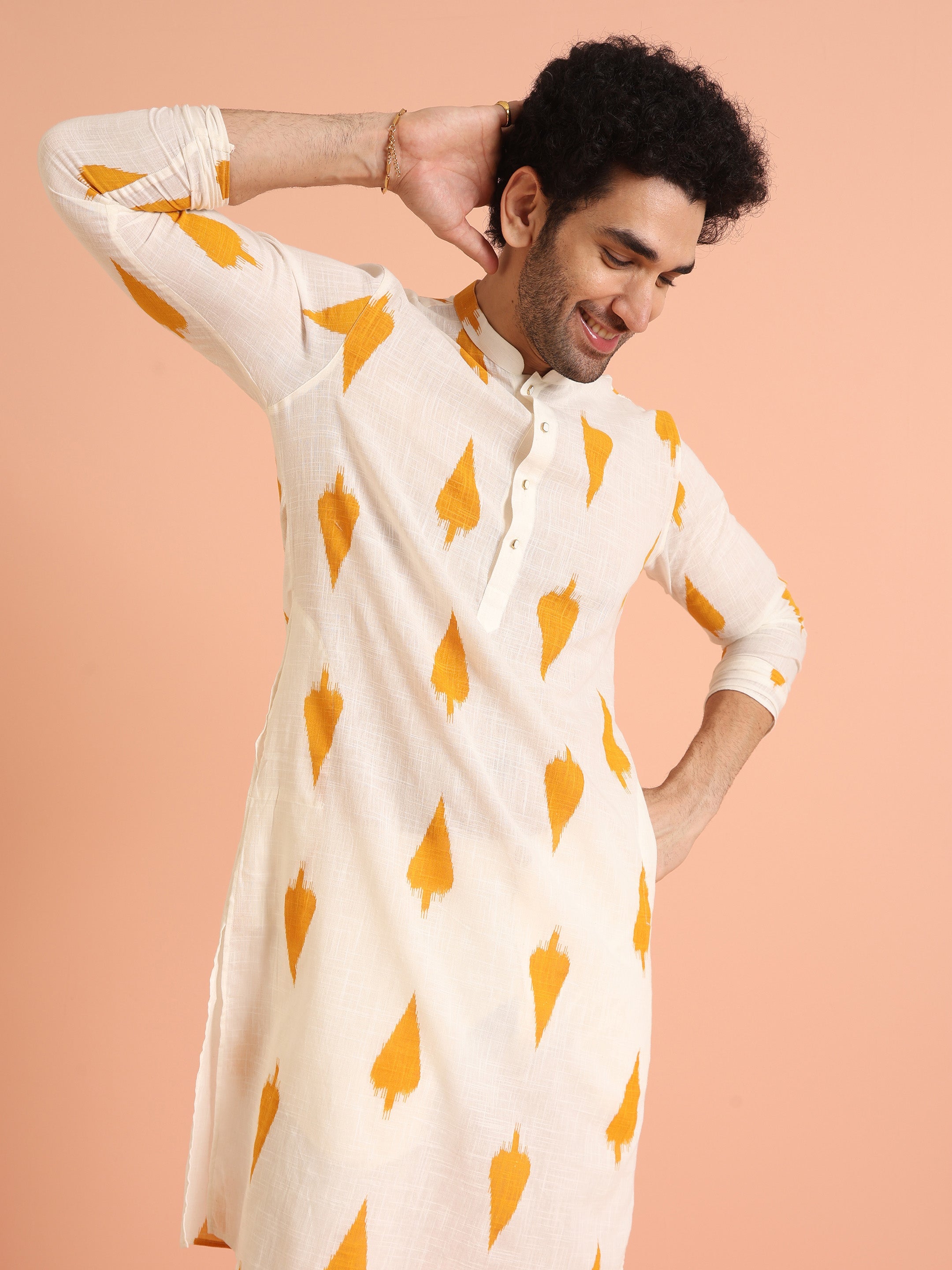 White Cotton Blend Printed Kurta Trouser Set