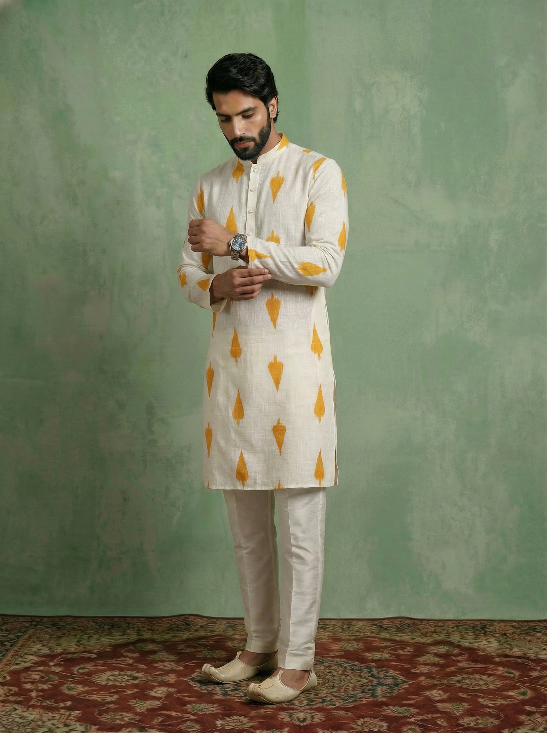White Cotton Blend Printed Kurta Trouser Set