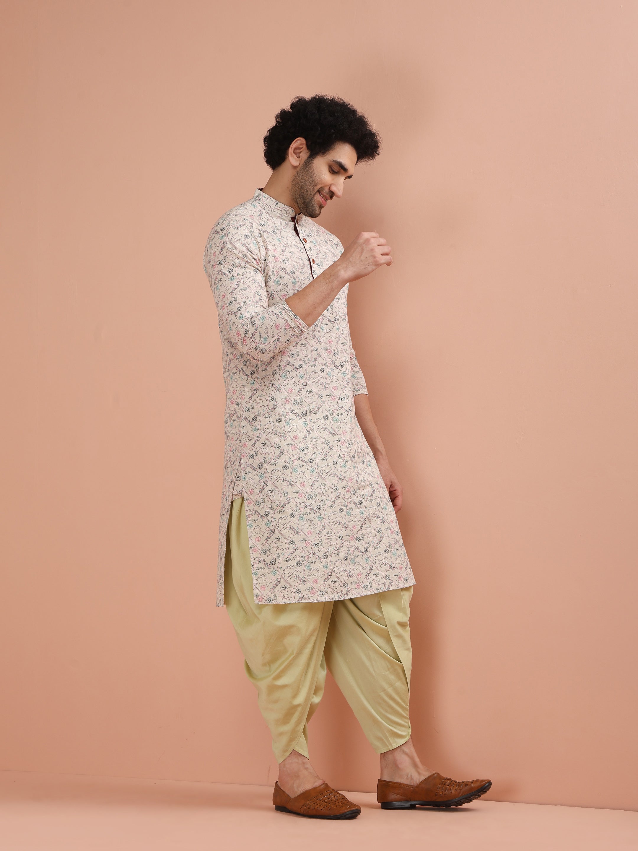 Beige Cotton Blend Printed Kurta Dhoti Set