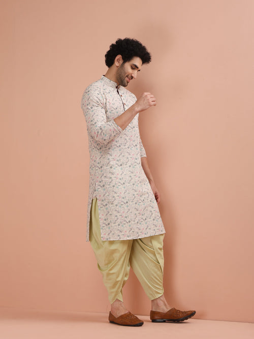 Beige Cotton Blend Printed Kurta Dhoti Set
