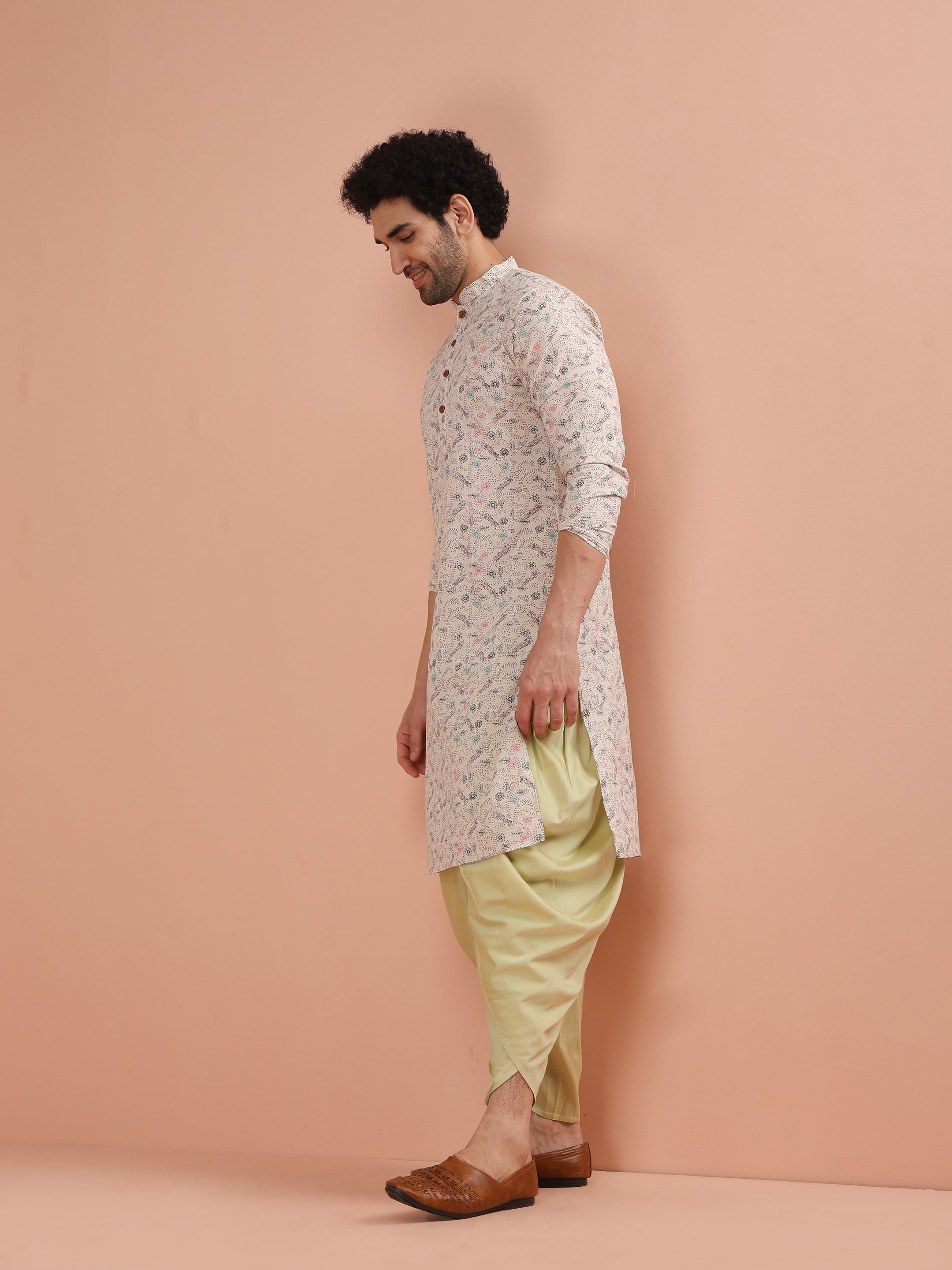 Beige Cotton Blend Printed Kurta Dhoti Set