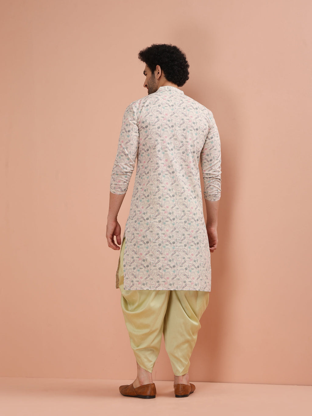 Beige Cotton Blend Printed Kurta Dhoti Set
