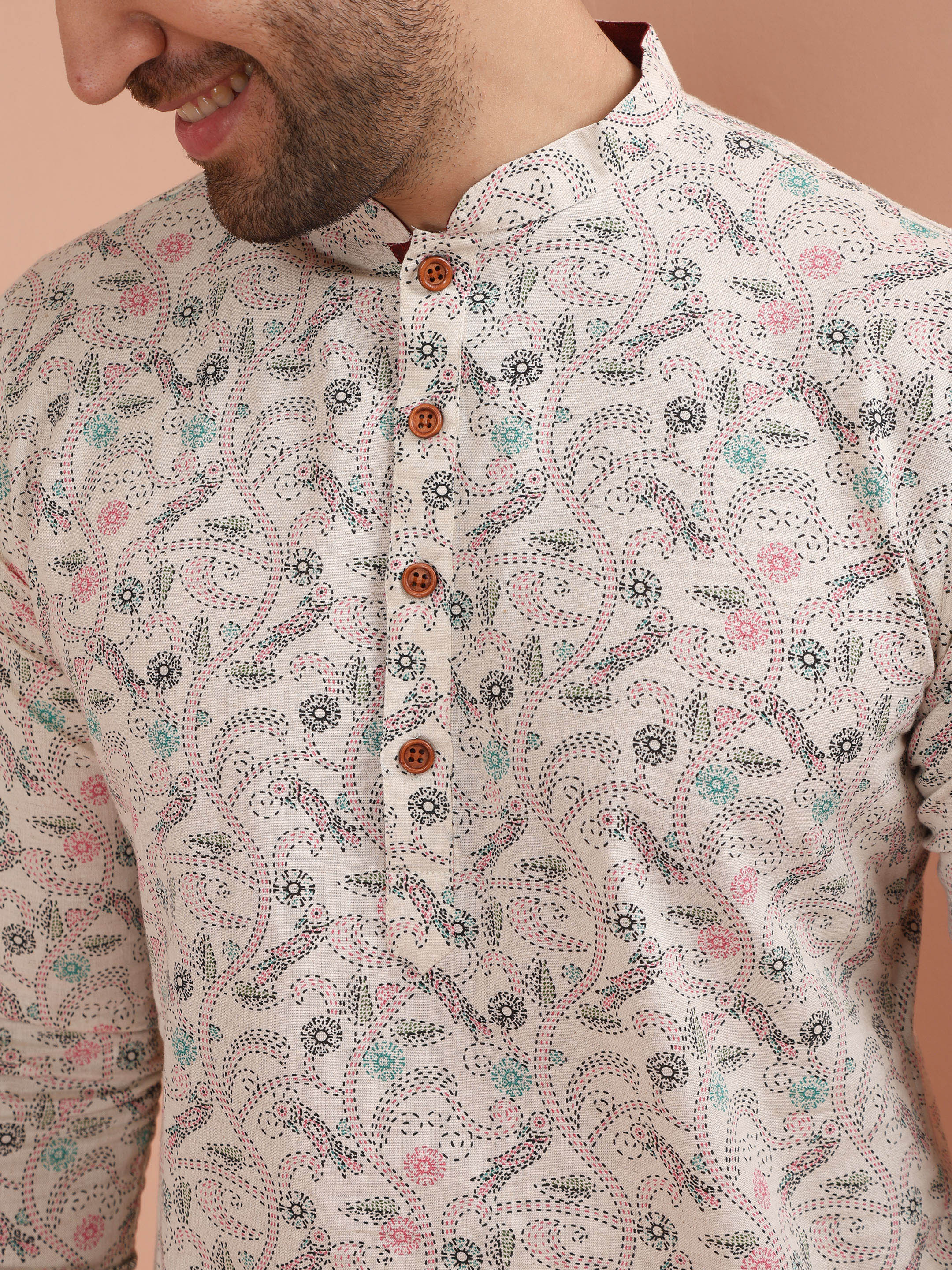 Beige Cotton Blend Printed Kurta Dhoti Set