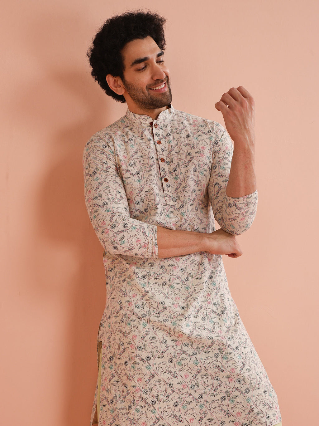 Beige Cotton Blend Printed Kurta Dhoti Set
