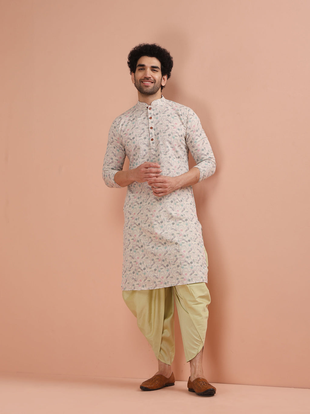Beige Cotton Blend Printed Kurta Dhoti Set