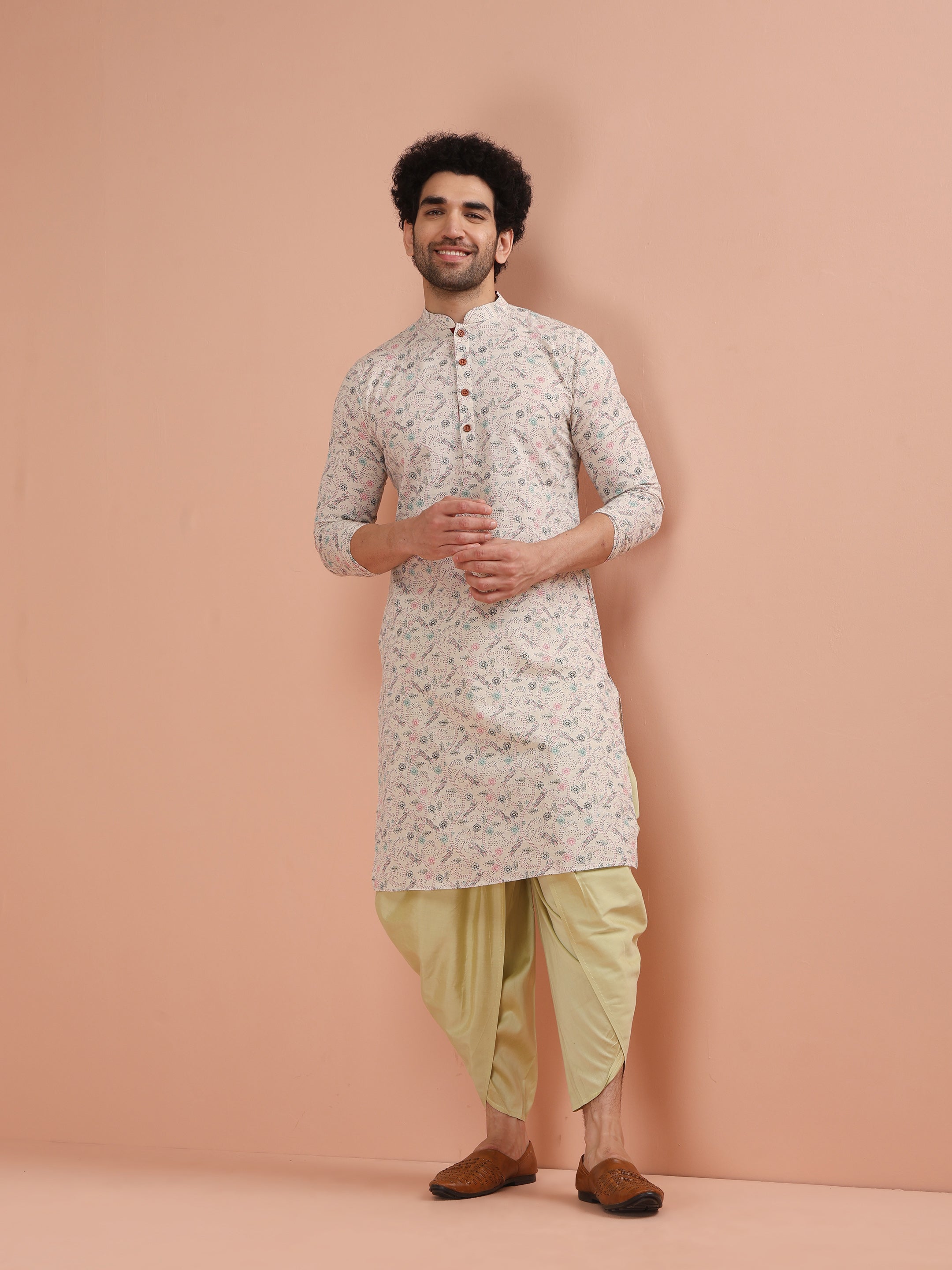 Beige Cotton Blend Printed Kurta Dhoti Set