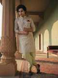 Beige Cotton Blend Printed Kurta Dhoti Set
