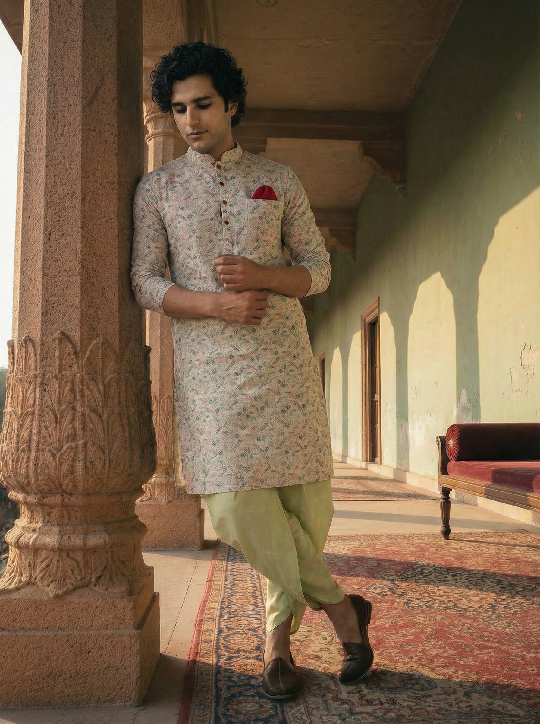 Beige Cotton Blend Printed Kurta Dhoti Set