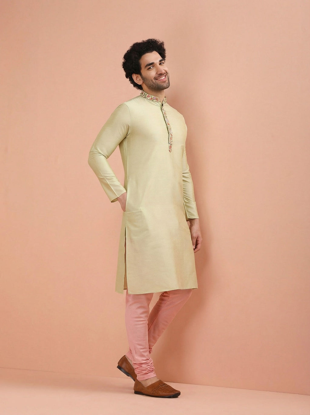 Beige Silk Blend Embroidered Kurta Churidar Set