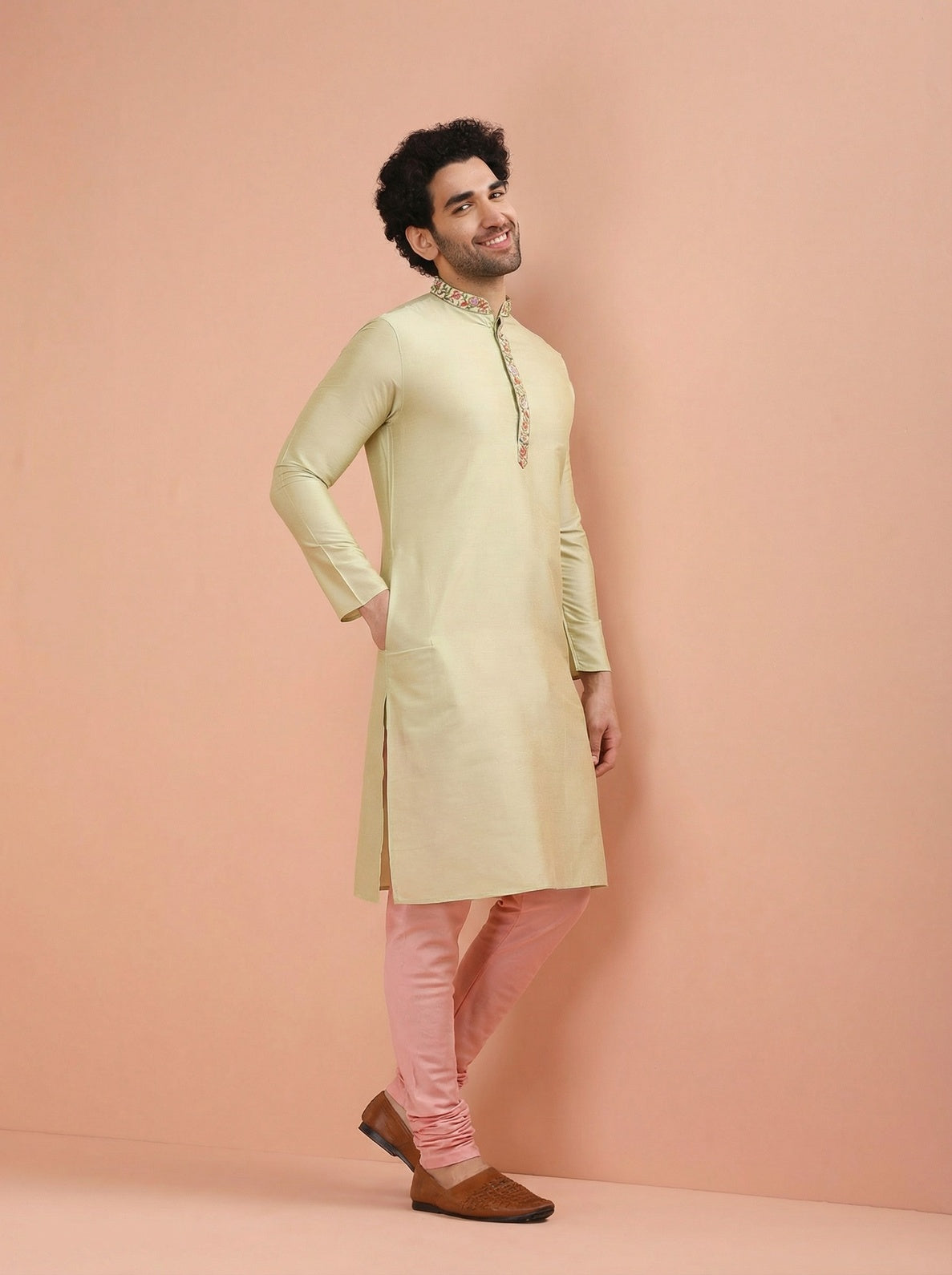 Beige Silk Blend Embroidered Kurta Churidar Set