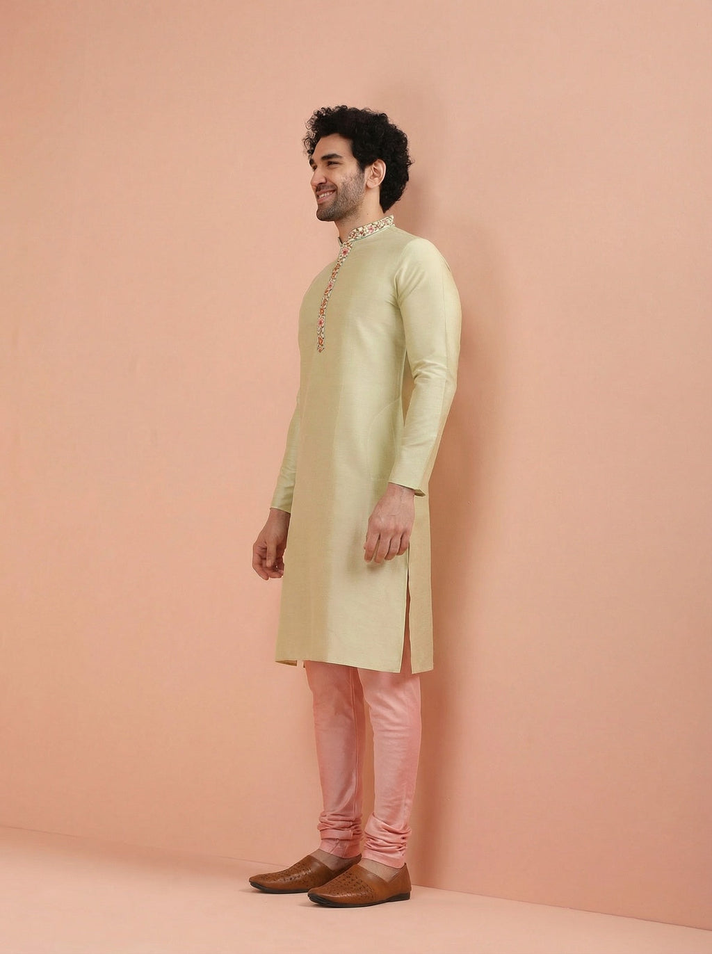 Beige Silk Blend Embroidered Kurta Churidar Set