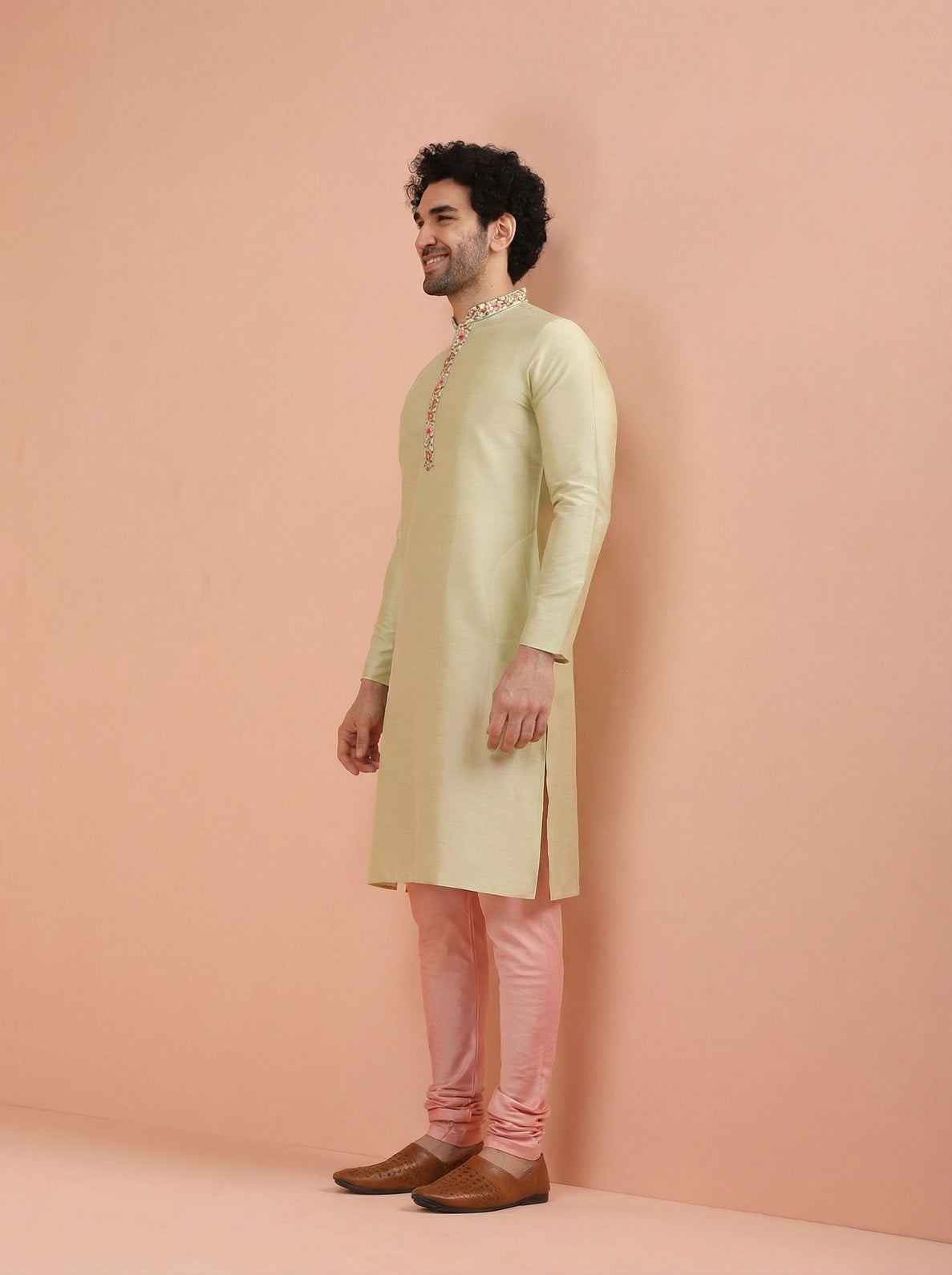 Beige Silk Blend Embroidered Kurta Churidar Set