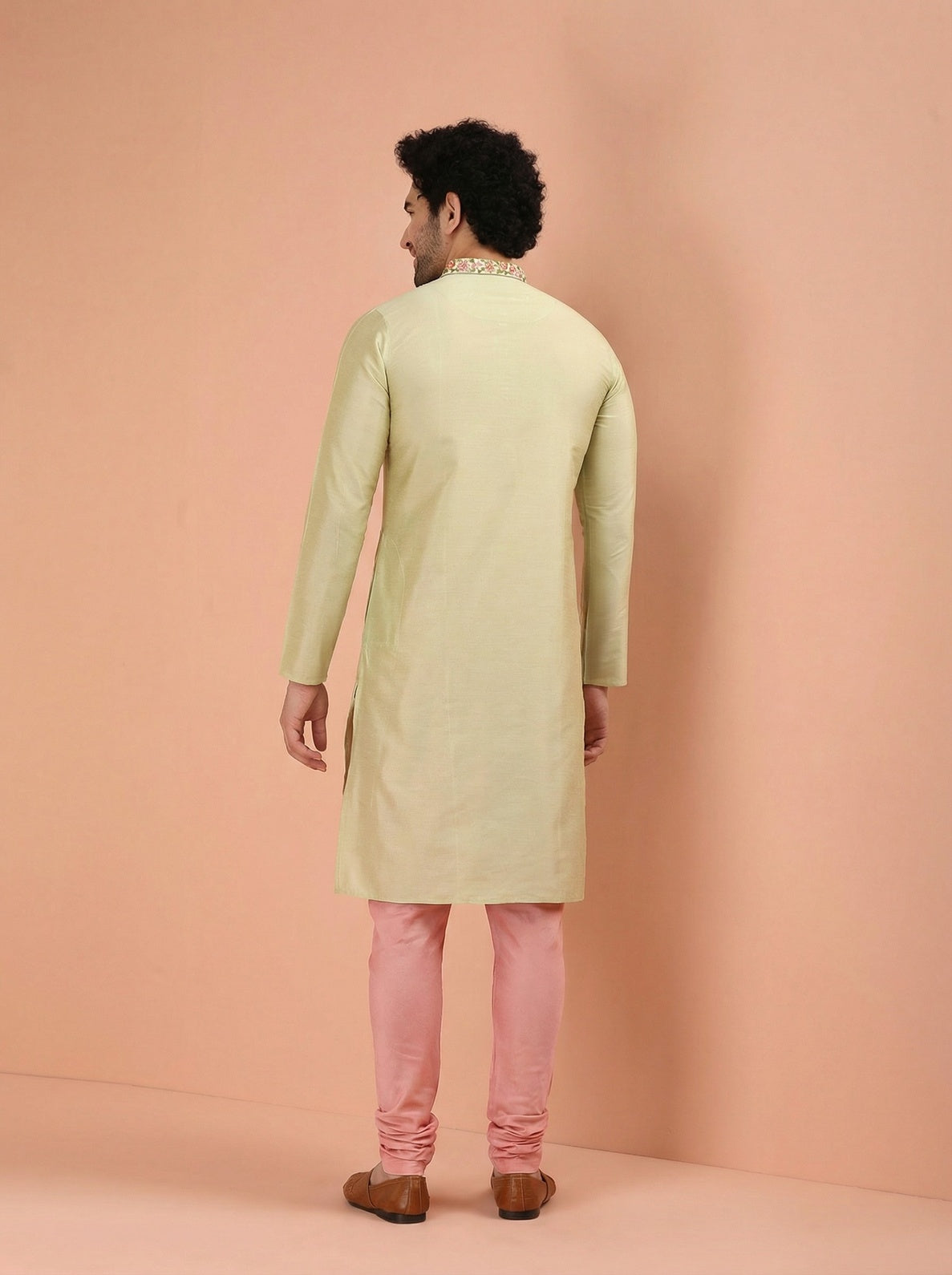 Beige Silk Blend Embroidered Kurta Churidar Set
