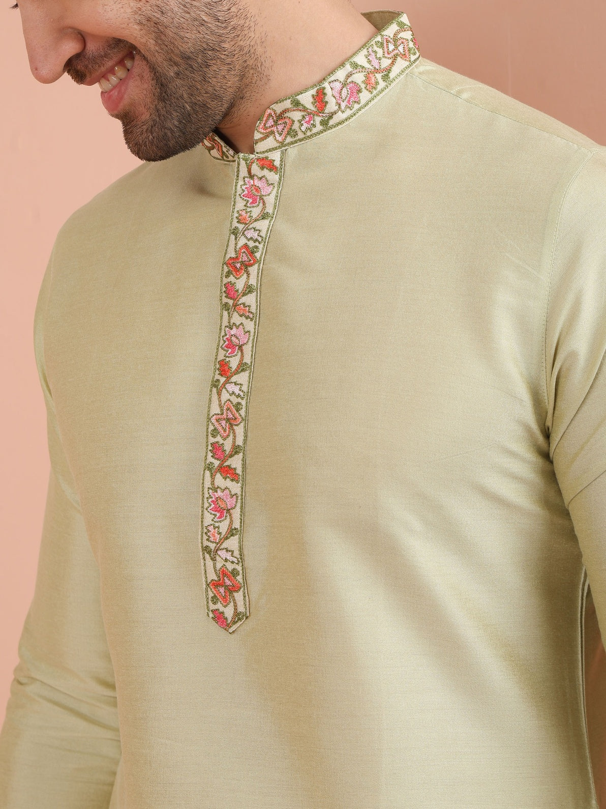 Beige Silk Blend Embroidered Kurta Churidar Set