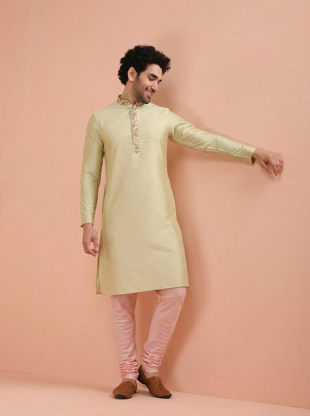 Beige Silk Blend Embroidered Kurta Churidar Set