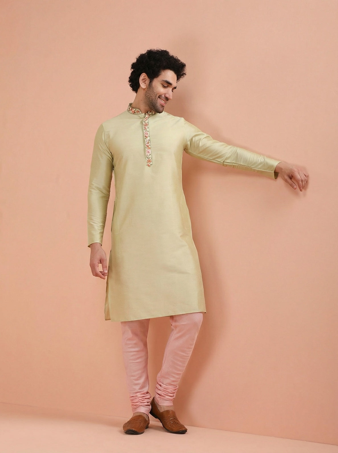 Beige Silk Blend Embroidered Kurta Churidar Set
